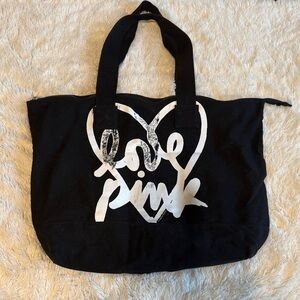 PINK Victoria's Secret Black Canvas Tote with White Heart Script
